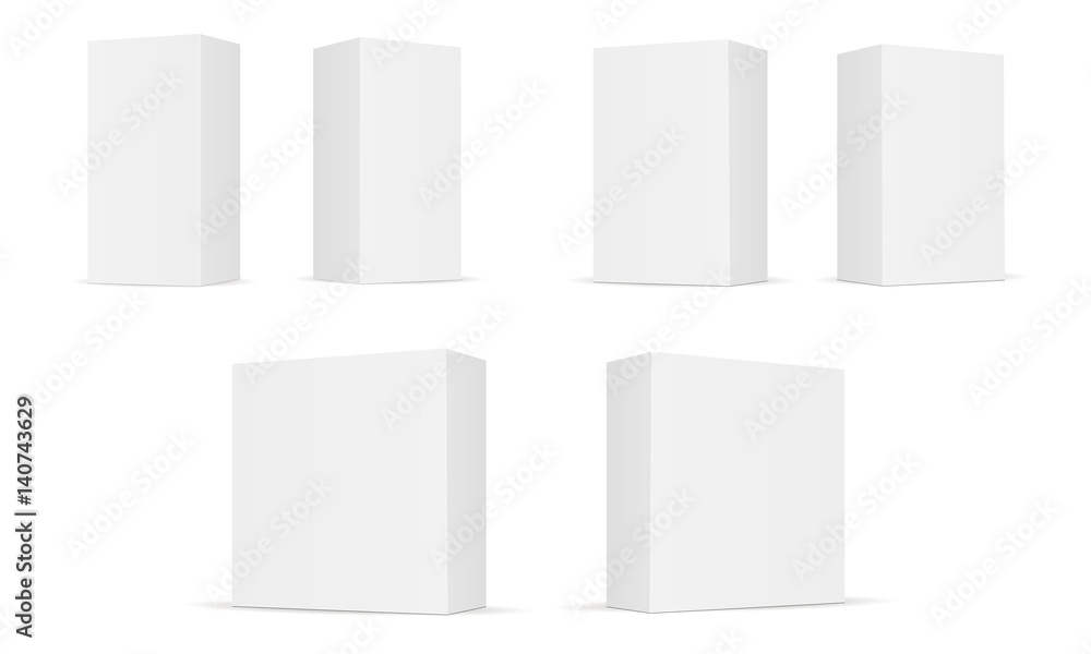 Poster set of white blank rectangular boxes isolated. cardboard boxes on white background perspective view.