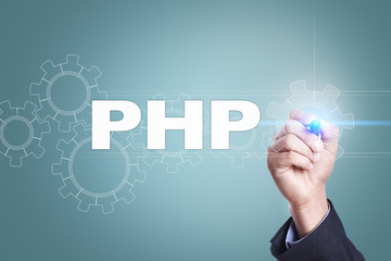 Businessman drawing on virtual screen. php concept.
