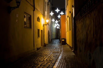 Small night street in old riga