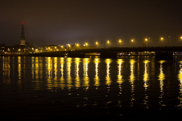 Night old Riga view from other side river. 