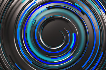 Black concentric spiral with blue glowing elements on black background