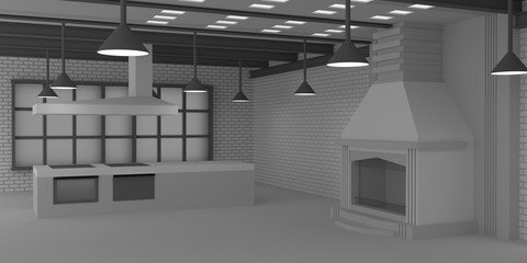 3D render, 3d render, loft-style interior, brick wall, fireplace, steel crossbars on the ceiling, sliding door on a roller suspension.