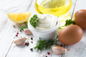 Obraz na płótnie Canvas Mayonnaise sauce and ingredients on white