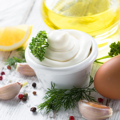 Mayonnaise sauce and ingredients on white