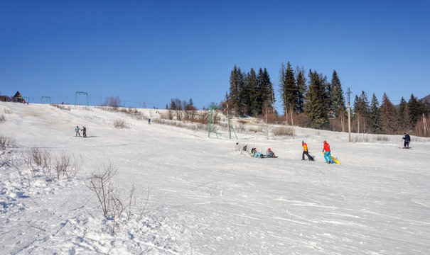 Ski tracks on mountain slope in Carpathians, Ukraine