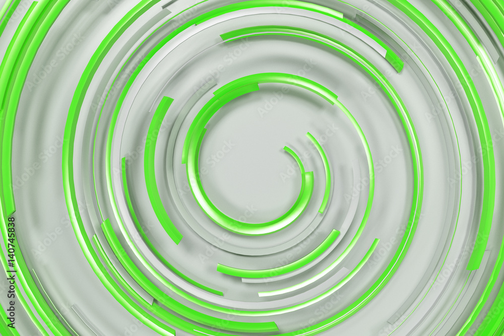 Wall mural White concentric spiral with green glowing elements on white background