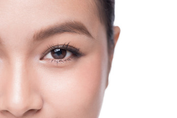 Eyes. Closeup of beautiful asian woman with brown eyes make up eye shadow