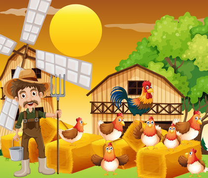 Farmer and chickens on the farm
