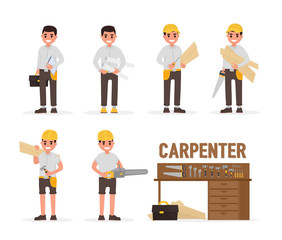 Carpenter, joiner, foreman, engineer and woodworker elements collection with various people actions. Vector illustration in flat style