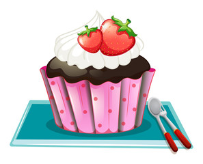 Cupcake with cream and strawberries