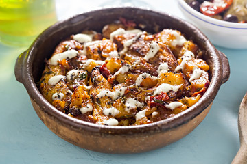 Chicken, patatas bravas with garlic aioli