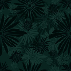 Seamless floral pattern with green and gray flowers on dark background