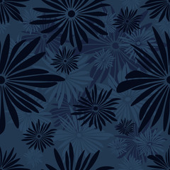 Seamless floral pattern with dark and light blue flowers on light background