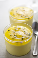 Mango mousse with passionfruit jelly dessert 