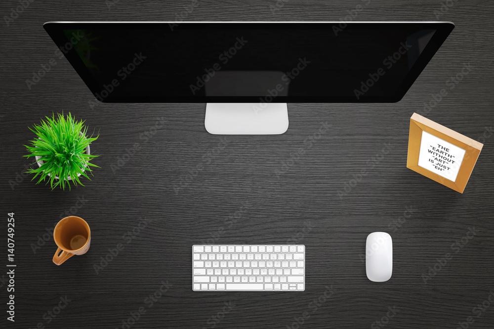 Poster Creative work desk with modern computer display. Free space for hero header image text.