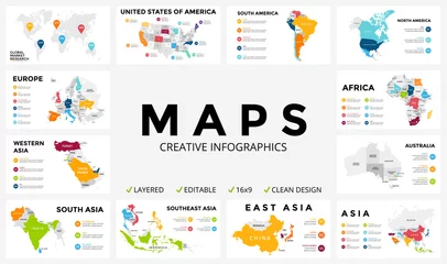 Foto op Aluminium Vector map infographic. Slide presentation. Global business marketing concept. Color country. World transportation geography data. Economic statistic template. World, America, Africa, Europe, Asia © theseamuss
