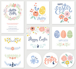 Vector Happy Easter templates with eggs, flowers, floral branches and wreath, rabbit, butterfly and typographic design.