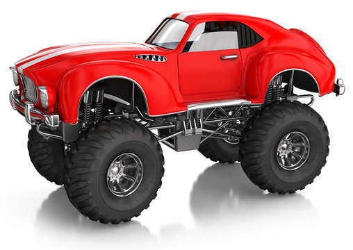 Monster truck. A sports car with a red body. 3d image.