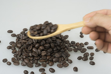 closeup of coffee beans  in wooden spoon.