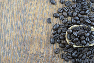 close up of coffee beans in wooden spoon