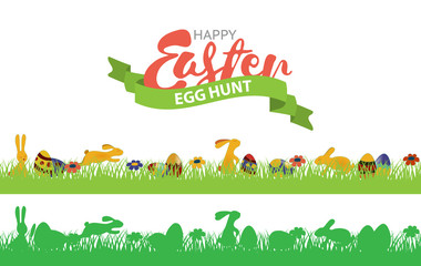 Easter seamless border with rabbits, grass and eggs. Multi-colored and monochromatic seamless border set. Egg hunt icon.
