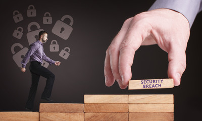 Business, Technology, Internet and network concept. Young businessman shows the word: Security...