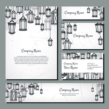 Vintage lantern vector banner background set. Retro antique backrop for business. Classic hanging light cover illustration. Elegant invitation postcard paper design. Traditional card. Victorian style.