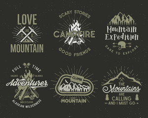 Set of mountain and scouting badges. Climbing labels, mountains expedition emblems, vintage hiking silhouettes logos and design elements. Vector retro letterpress style isolated