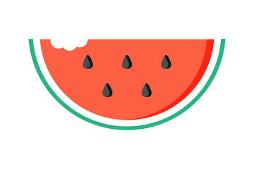 Flat design watermelon slice with bite mark isolated on white background.