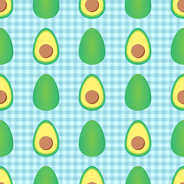 Flat design, vector avocado seamless pattern on checkered background.