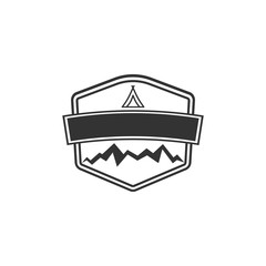Vector blank badge form with mountains. Good for retro adventure labels, logos. Vintage silhouette insignia design. Isolated on white background. Stock silhouett illustration