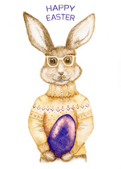 easter bunny with title "Happy easter"/ watercolor stylish easter bunny in th glasses with blue egg.