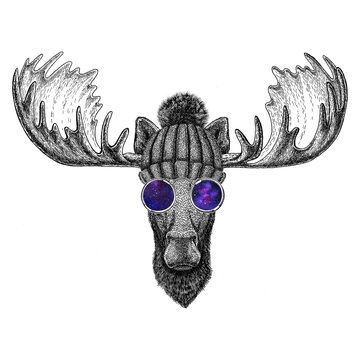 Hipster moose, elk wearing knitted hat and glasses Image for tattoo, logo, emblem, badge design