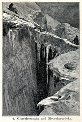 Fototapeta na wymiar Glacier with deep crevasse and ice bridge (from Meyers Lexikon, 1895, 7/656/657)
