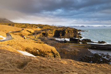Naklejka premium The beautiful sunrise view of coastline Arnarstapi in Iceland. 