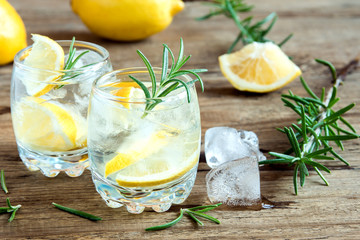Gin Tonic Cocktail with lemon, rosemary