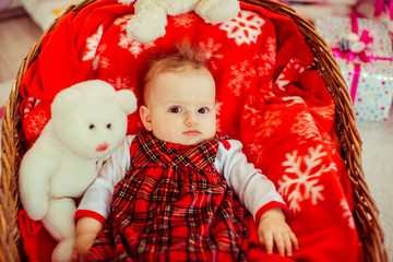 Little girl in red plaid dress lies in large basket