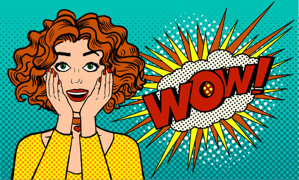 Sincere women's surprise. A girl with an open mouth says WOW. Retro comics style. Pop art vector illustration on a blue background.