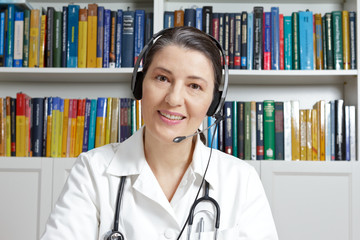 Telemedicine concept: friendly doctor with headset during a live video consultation with a patient,...