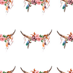 Obraz premium Boho watercolor seamless pattern with bouquet with feathers, flowers