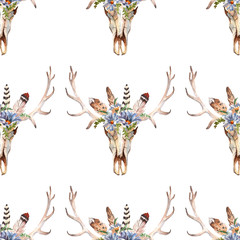 Watercolor boho skull Boho watercolor seamless pattern with feathers, flowers