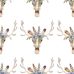Gordijnen Aquarel boho schedel Boho aquarel naadloos patroon met veren, bloemen © rudut2015