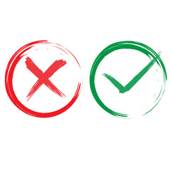 Tick and cross signs. Green checkmark OK and red X icons, isolated on white background. Simple marks graphic design. Circle symbols YES and NO button for vote, decision, web. Vector illustration