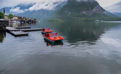 Pedal boats pier at hallstaettersee lake. Hallstatt, Salzkammergut region, Austria