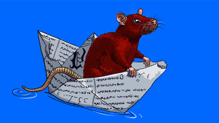 Red rat floating on a paper boat from the newspaper