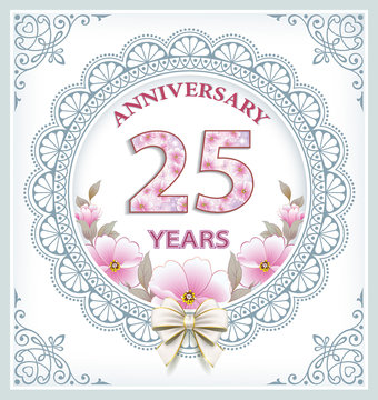Anniversary card with 25 years in a frame with an ornament and flowers. Vector illustration