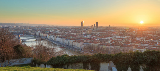 Fototapeta na wymiar Colorful spring sunrise over the city of Lyon, France.