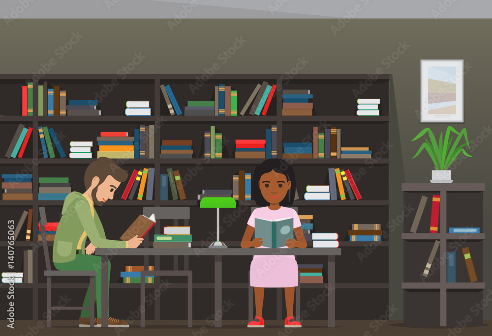 Poster students reading textbook in library flat vector