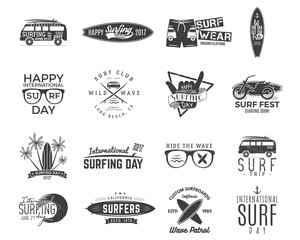 Vintage surfing graphics and emblems set for web design or print. Surfer, beach style logo design. Surf Badge. Surfboard seal, elements, symbols. Summer boarding on waves. Vector hipster insignias