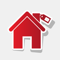 Home silhouette with tag. Vector. New year reddish icon with outside stroke and gray shadow on light gray background.